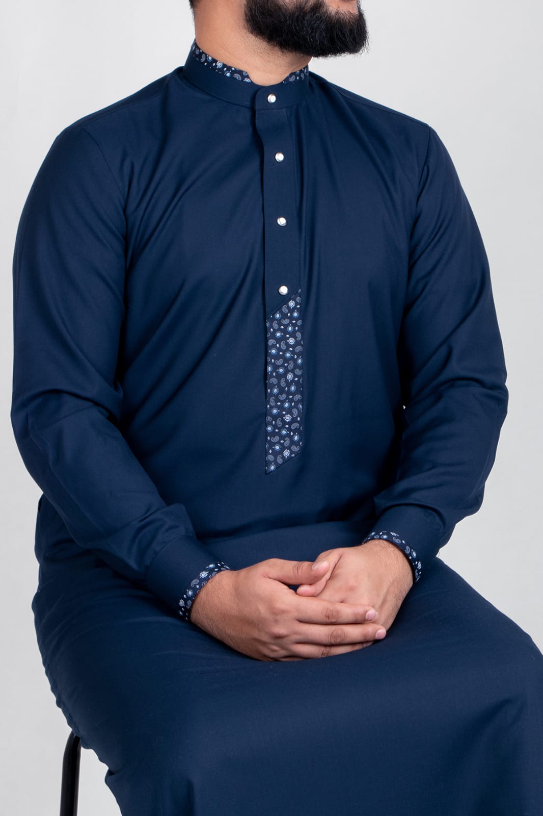 T-01 Navy Blue Classic Men’s Thobe with Printed Detailing