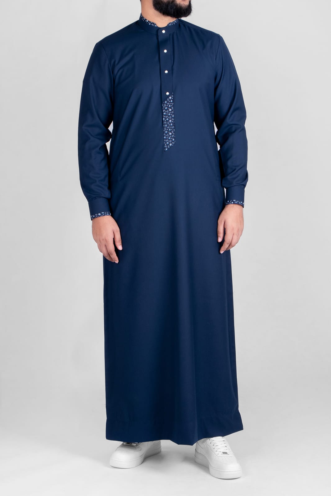T-01 Navy Blue Classic Men’s Thobe with Printed Detailing