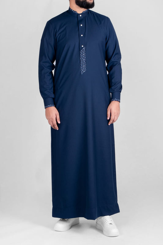 T-01 Navy Blue Classic Men’s Thobe with Printed Detailing