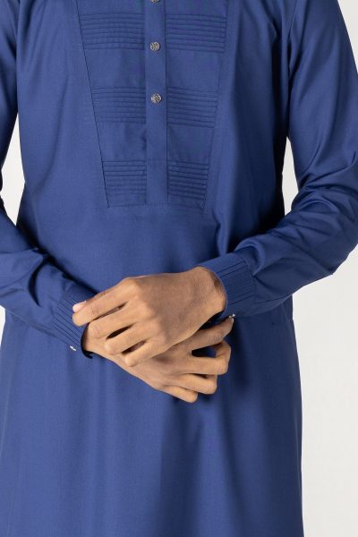 T-03  navy blue Classic Men’s Thobe with Printed Detailing