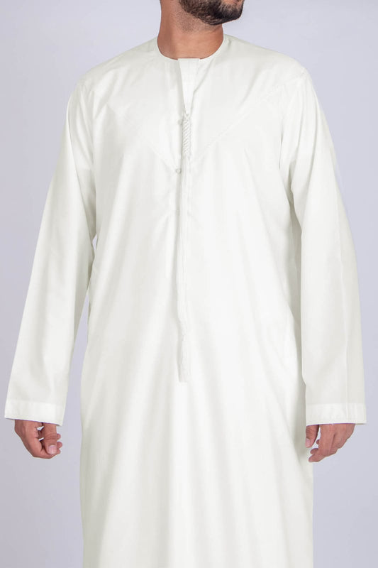 T-02 White Classic Men’s Thobe with Printed Detailing