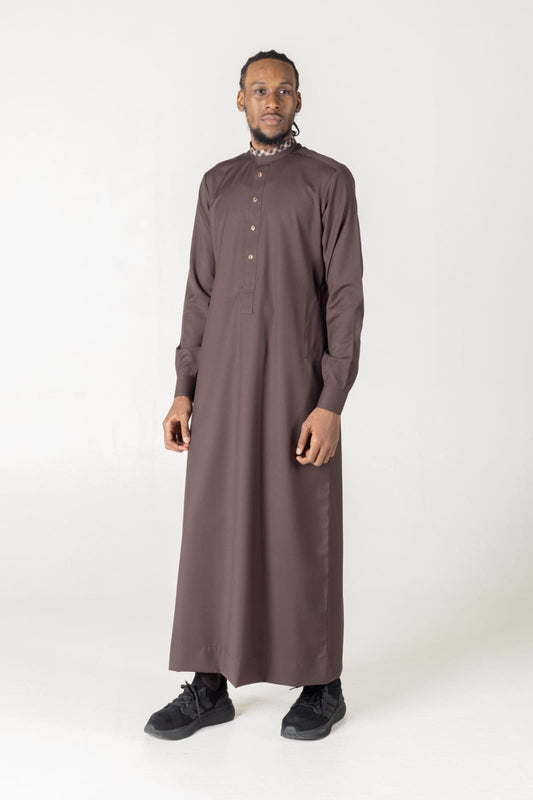 T-04  Brown Classic Men’s Thobe with Printed Detailing