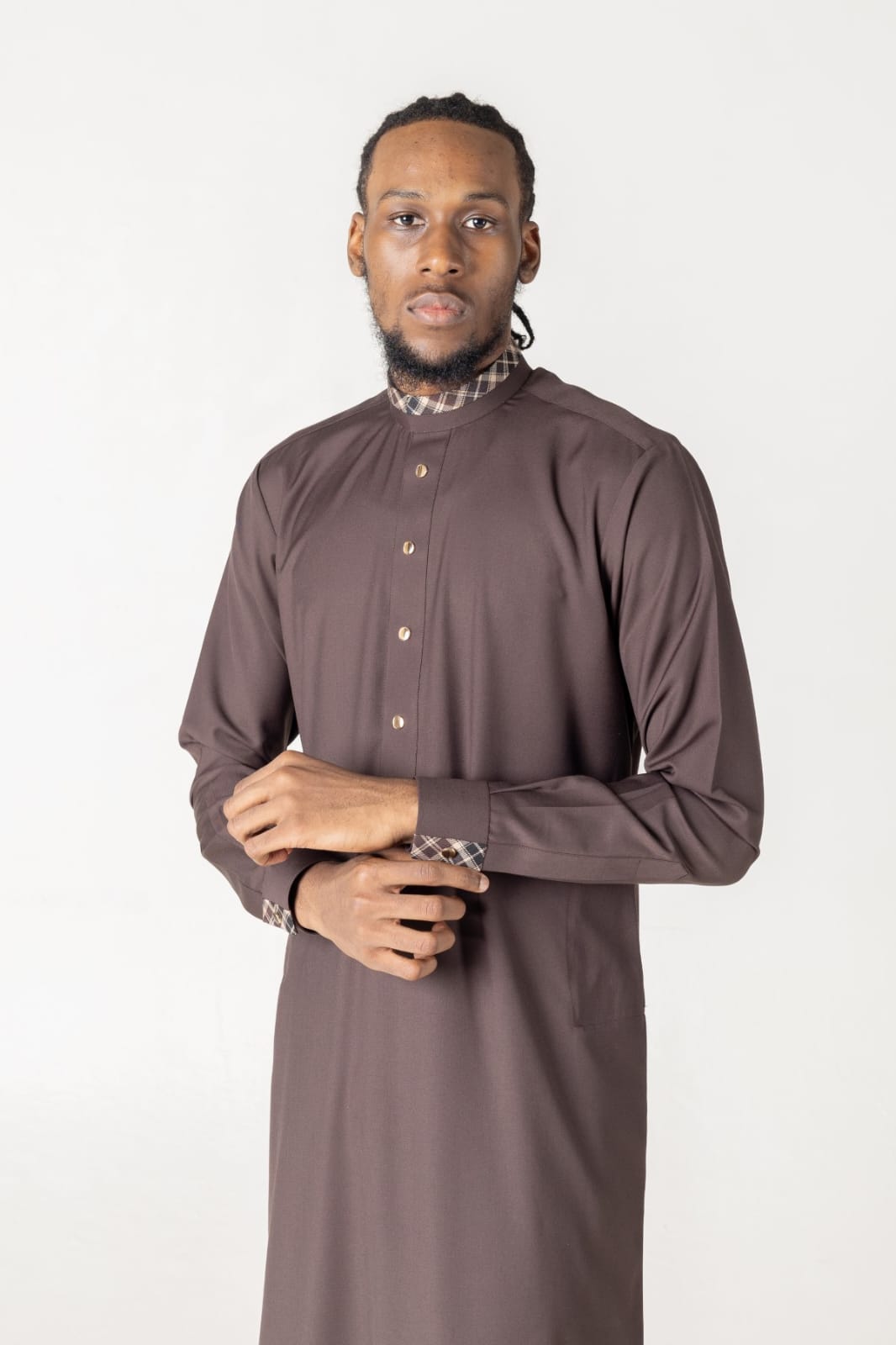 T-04  Brown Classic Men’s Thobe with Printed Detailing