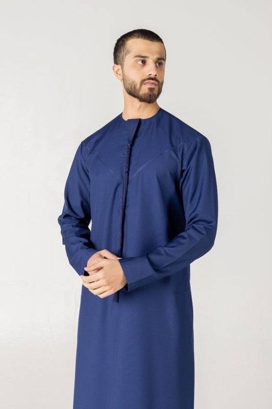 T-07 Navy Blue Classic Men’s Thobe with Printed Detailing