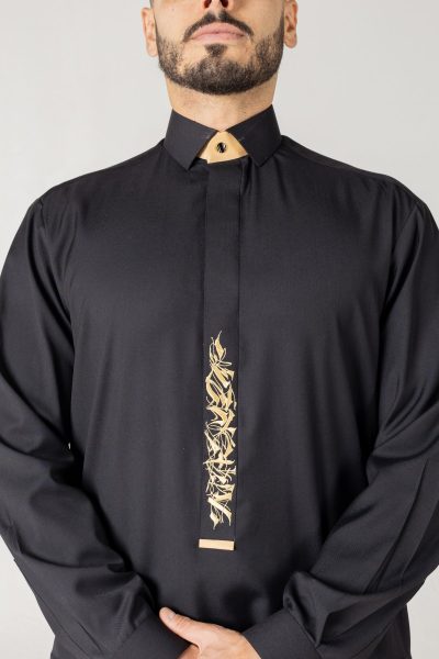T-11 Black Classic Men’s Thobe with Printed Detailing