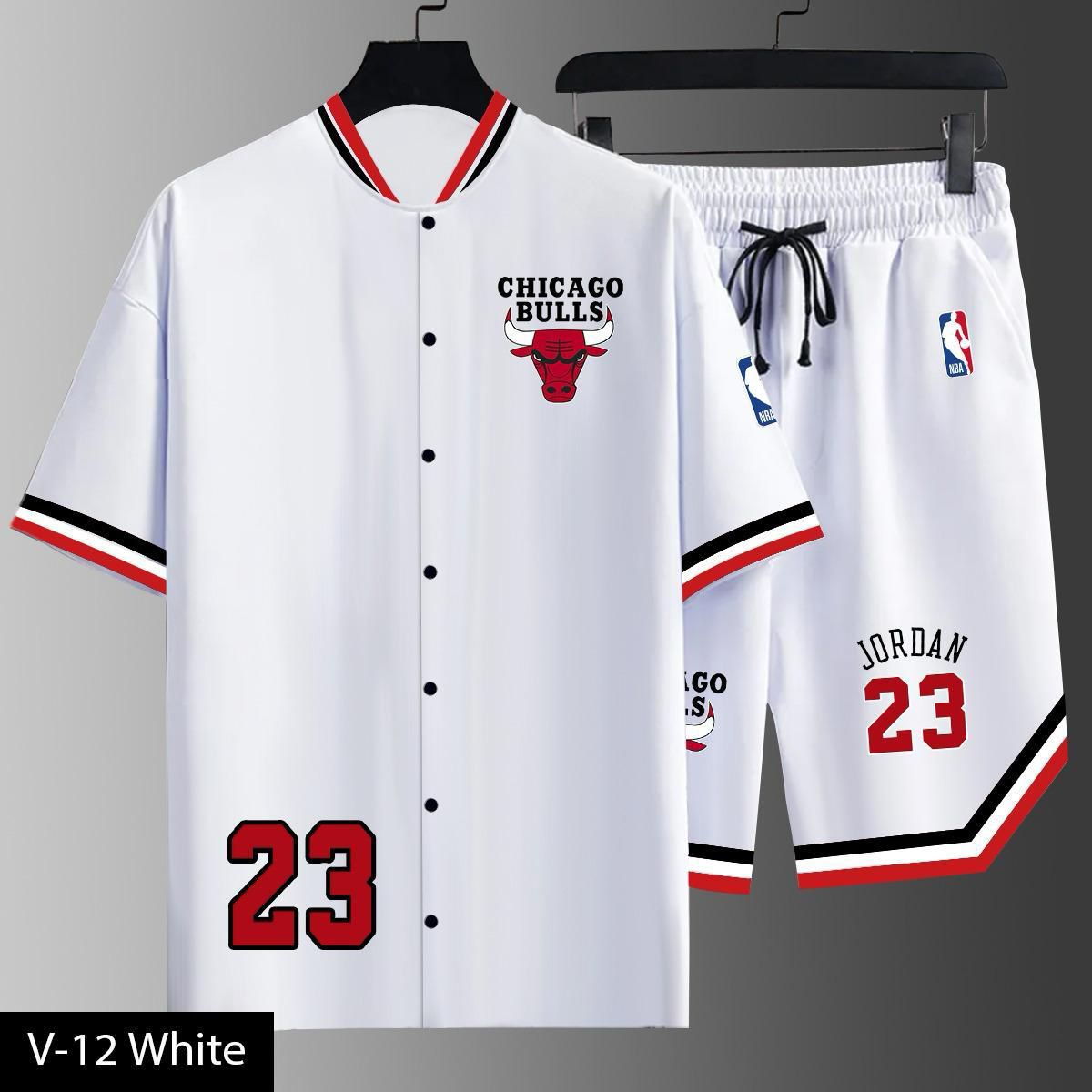 Men’s Basketball Style Co-Ord Set – Button Jersey Shirt with Matching Shorts (V-12 CHICAGO)