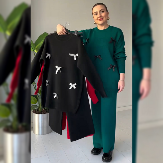 CH 525  Bow Style Warm Fleece Wnter Co-ord Set