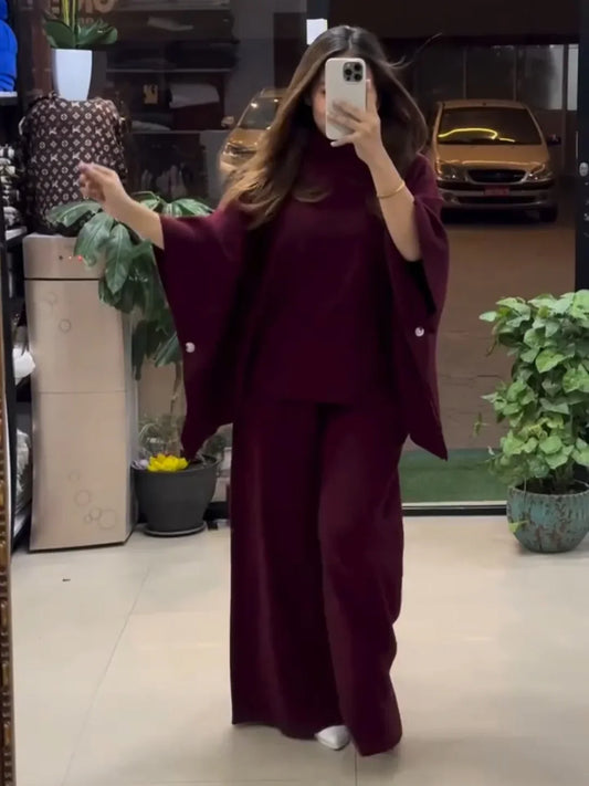 Ch 528  Poncho flare top with trouser winter fleece co-ord set -