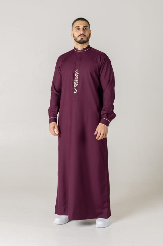 T-09 burgundy Classic Men’s Thobe with Printed Detailing