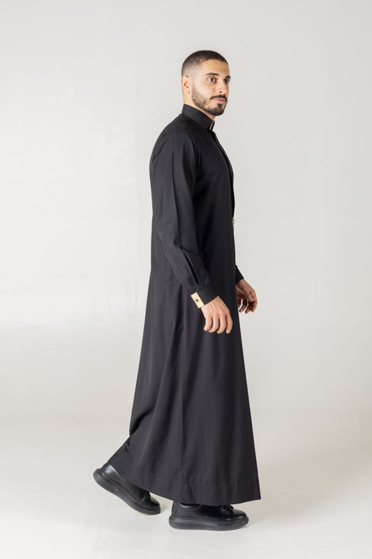 T-11 Black Classic Men’s Thobe with Printed Detailing