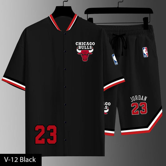 Men’s  Basketball Style Co-Ord Set – Button Jersey Shirt with Matching Shorts (V-12 CHICAGO)