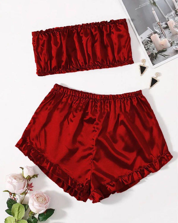 SATIN FRILL TRIM TUBE TOP & SHORTS PJ SET P48 - saimwear